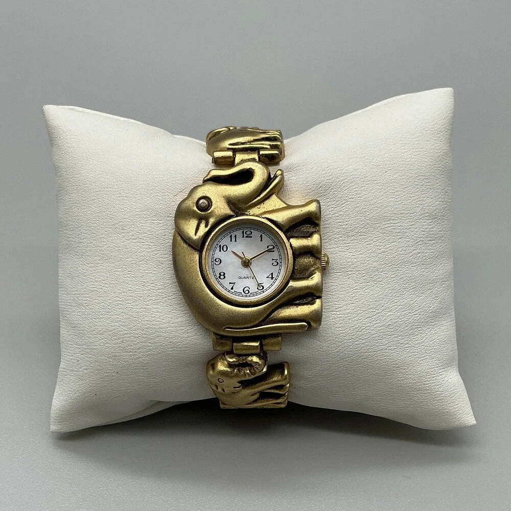Womens Watch 31mm White Dial Gold Tone Elephant Bracelet New Battery 6.5